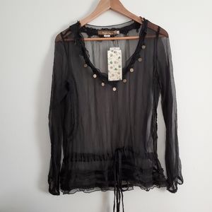 Sugarlips Sheer Silk Black Blouse Long Sleeve NWT